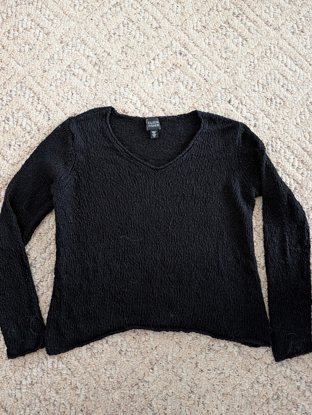 Eileen Fisher Italian Yarn Knit V Neck Slouchy Sweater Loose Knit Black